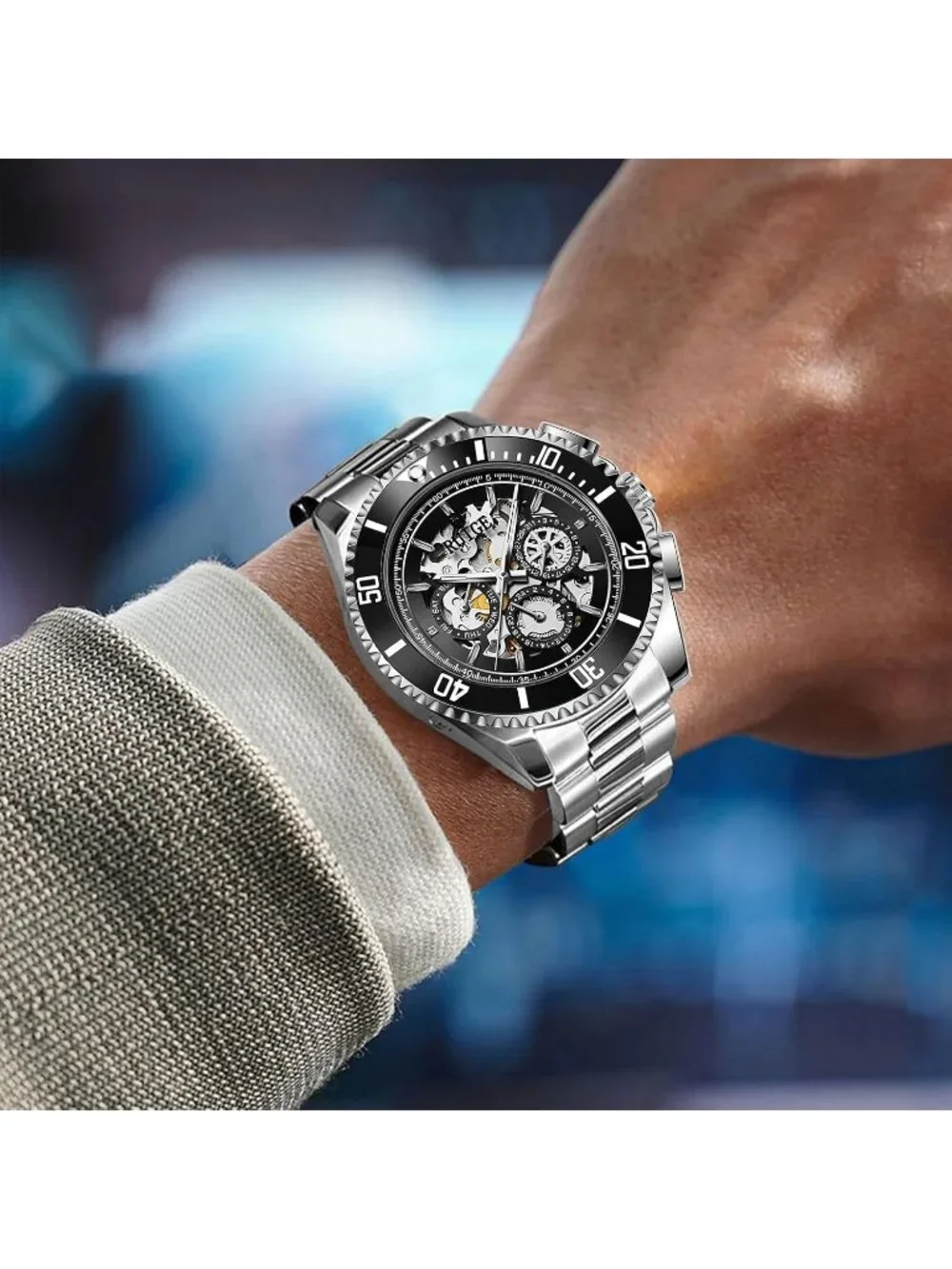 Men's Black Automatic Skeleton 43mm Mechanical Luminous Stainless Steel Watch